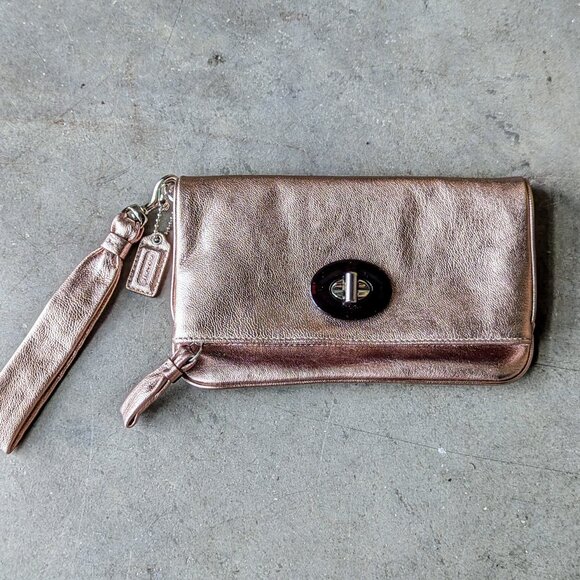 Coach Rose Gold Metallic Leather Foldover Zipper Clutch Wallet - Picture 1 of 11